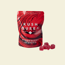Kush Queen Strawberry THC and CBD gummies packaging with Kush Queen Strawberry THC and CBD gummies on a beige background.