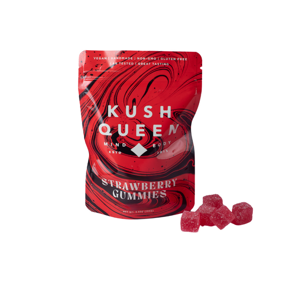 Kush Queen Strawberry THC and CBD Gummies packaging with Kush Queen Strawberry THC and CBD gummies on a white background.