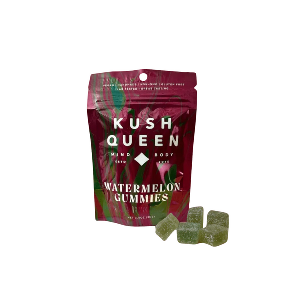 Kush Queen Watermelon THC and CBD gummies packaging with Kush Queen Watermelon THC and CBD gummies in front on a white background.