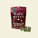 Kush Queen Watermelon THC and CBD gummies packaging with Kush Queen Watermelon THC and CBD gummies on a beige background.
