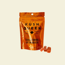 Kush Queen Tangerine THC and CBD Gummies packaging with Kush Queen THC and CBD gummies on a beige background.