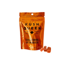 Kush Queen Tangerine THC and CBD Gummies packaging with Kush Queen Tangerine THC and CBD gummies on a white background.